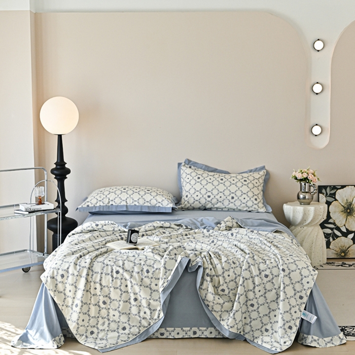 91家纺网 家纺一手货源 找家纺 佳居缘 2025新款天丝棉大豆印花夏被四件套 蓝调