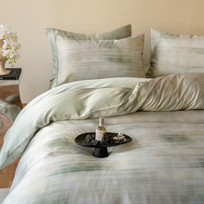 91家纺网 家纺一手货源 找家纺 沐晴家纺 2025春夏新款纯色数码印花60兰精天丝四件套 卡西纳-绿