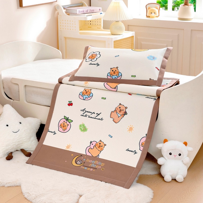 91家纺网 家纺一手货源 找家纺 宝贝优选 2025新款宝贝优选儿童7A抗菌高密绣花冰丝席 可爱巴拉