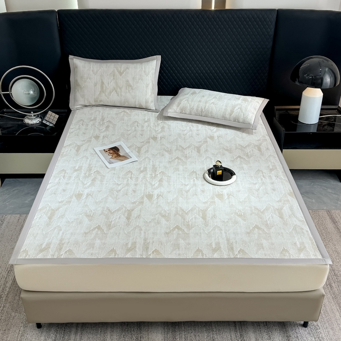 91家纺网 家纺一手货源 找家纺 小萌虎 小萌虎 2025新款PE高分子乙纶提花凉感凉席床席款床笠款 山溪-咖（床席款）