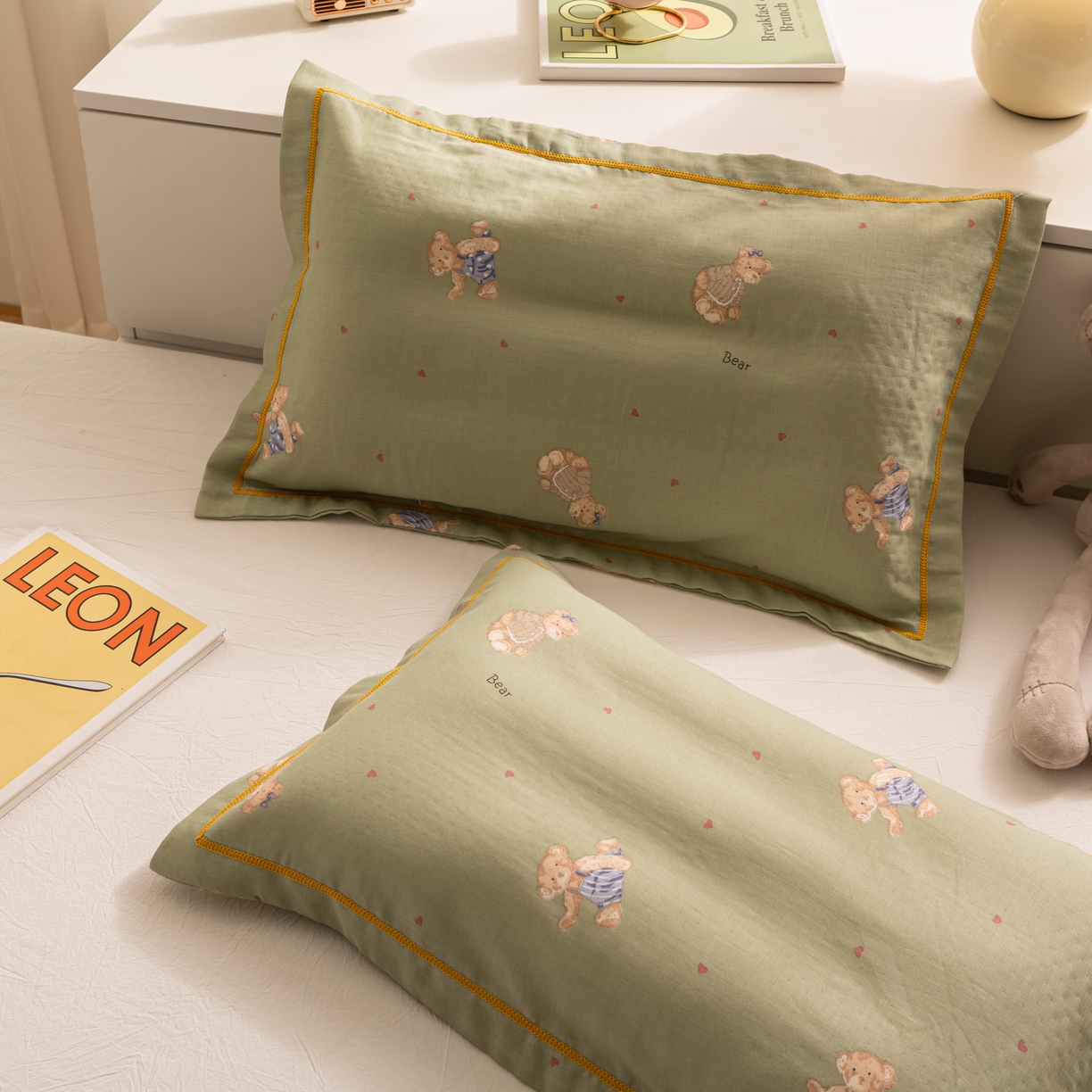 91家纺网 家纺一手货源 找家纺 萌番宝 2025新款A类全棉纯棉水洗双层纱卡通儿童单枕套信封枕单枕套 枕套单件 星星小熊