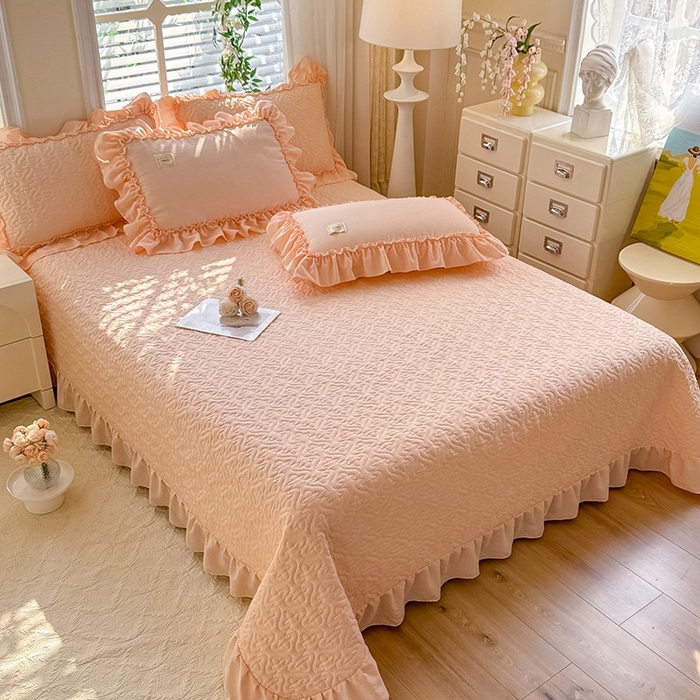 91家纺网 家纺一手货源 找家纺 花香四季家纺 2025新款泡芙小姐双层纱华夫格柔棉夹棉绗缝床盖床垫子单件三件套 泡芙小姐-玉