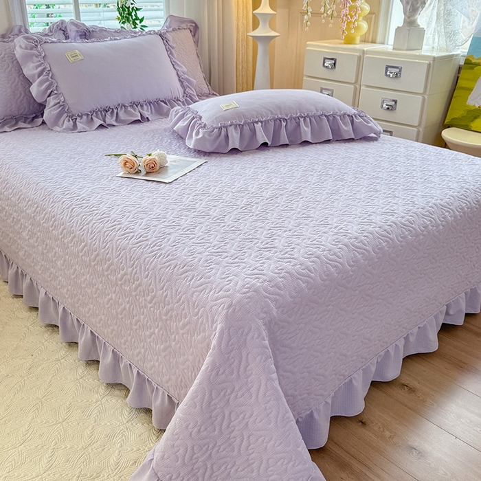 91家纺网 家纺一手货源 找家纺 花香四季家纺 2025新款泡芙小姐双层纱华夫格柔棉夹棉绗缝床盖床垫子单件三件套 泡芙小姐-紫