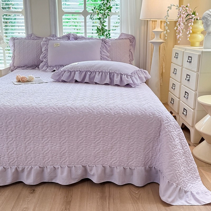 91家纺网 家纺一手货源 找家纺 花香四季家纺 2025新款泡芙小姐双层纱华夫格柔棉夹棉绗缝床盖床垫子单件三件套 泡芙小姐-紫
