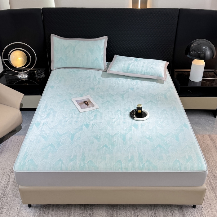 91家纺网 家纺一手货源 找家纺 999家纺 2025新款高端轻奢PE中分子凉感大提花凉席软席 山溪-蓝（床笠款）