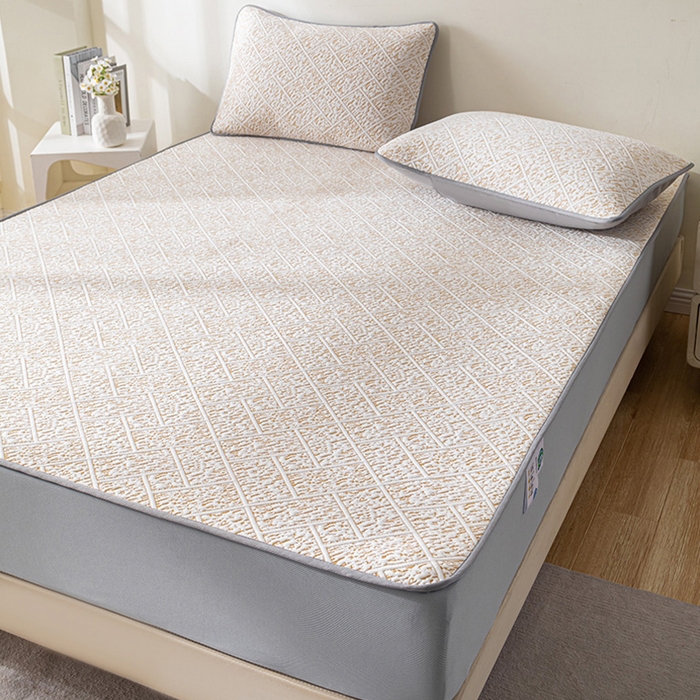 91家纺网 家纺一手货源 找家纺 鑫姿席业 2025新款A类凉感冰豆豆席 雅致床笠款-冰咖