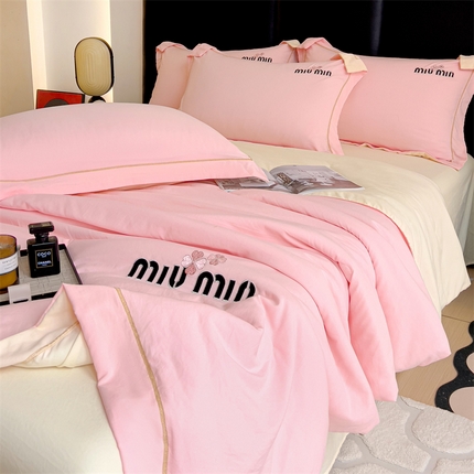 灰鲸 2025新款轻奢miumin刺绣水洗棉夏被四件套系列 miumin-樱花粉+奶油黄