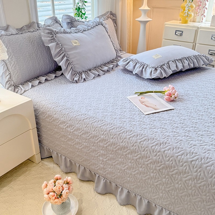 91家纺网 家纺一手货源 找家纺 花香四季家纺 2025新款泡芙小姐双层纱华夫格柔棉夹棉绗缝床盖床垫子单件三件套 泡芙小姐-灰