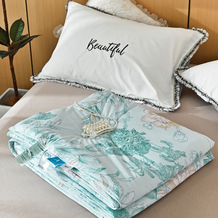 91家纺网 家纺一手货源 找家纺 佳居缘 2025新款A类冰氨双面数码印花凉感夏被 锦绣-绿