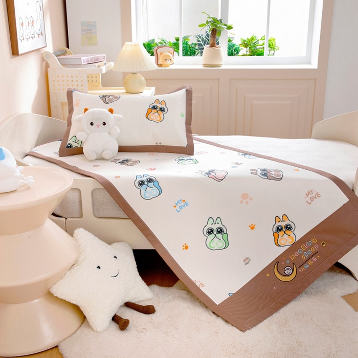 91家纺网 家纺一手货源 找家纺 宝贝优选 2025新款宝贝优选儿童7A抗菌高密绣花冰丝席 大眼萌宠