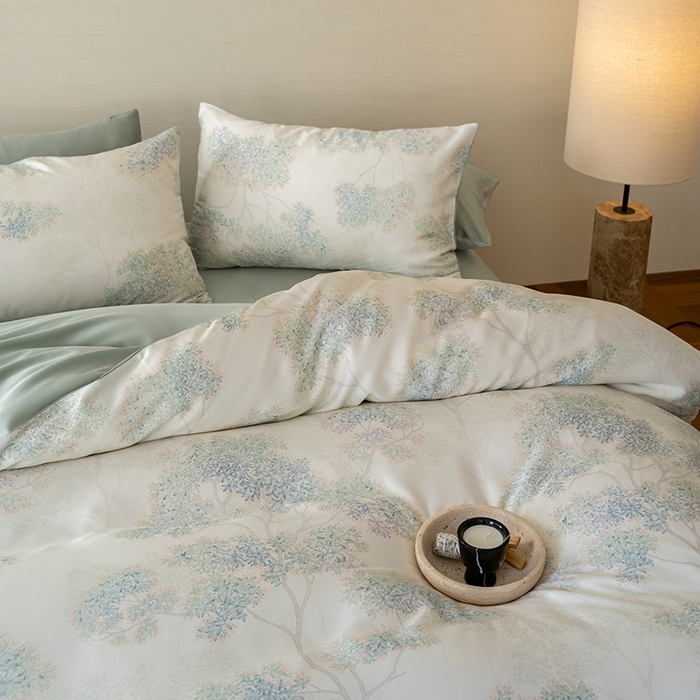 91家纺网 家纺一手货源 找家纺 沐晴家纺 2025春夏新款纯色数码印花60兰精天丝四件套 如愿-绿