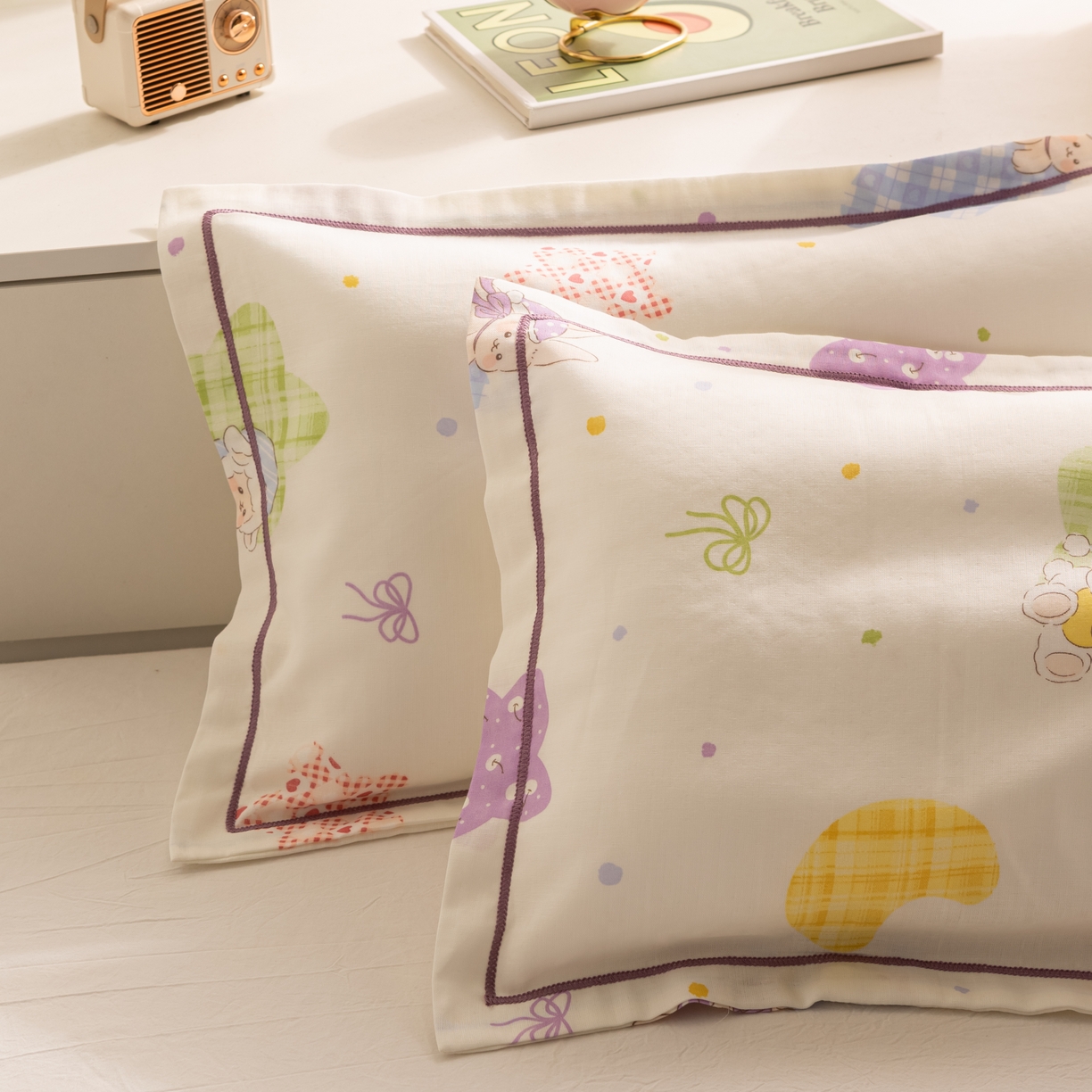 91家纺网 家纺一手货源 找家纺 萌番宝 2025新款A类全棉纯棉水洗双层纱卡通儿童单枕套信封枕单枕套 枕套单件 柔星梦香