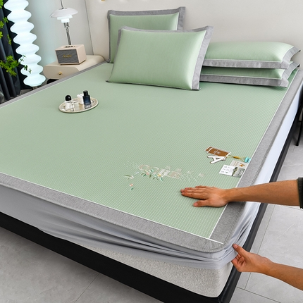 小牛席业 2025新款花漾芯语绣花凉感冰丝席系列（床笠款） 绿色