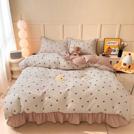 人人爱 2025新款有氧针织棉双层纱床盖款四件套 格子熊