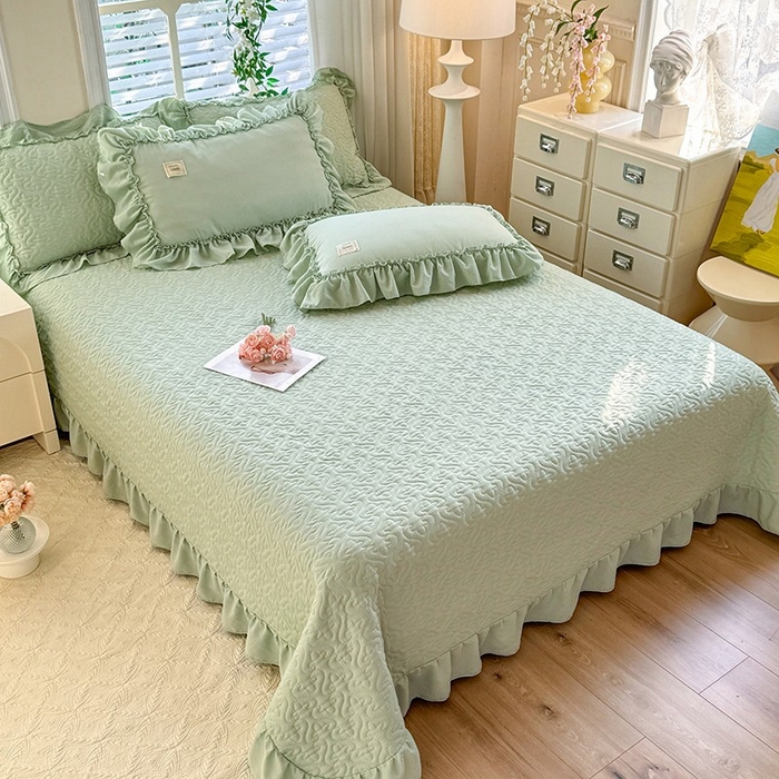 91家纺网 家纺一手货源 找家纺 花香四季家纺 2025新款泡芙小姐双层纱华夫格柔棉夹棉绗缝床盖床垫子单件三件套 泡芙小姐-绿