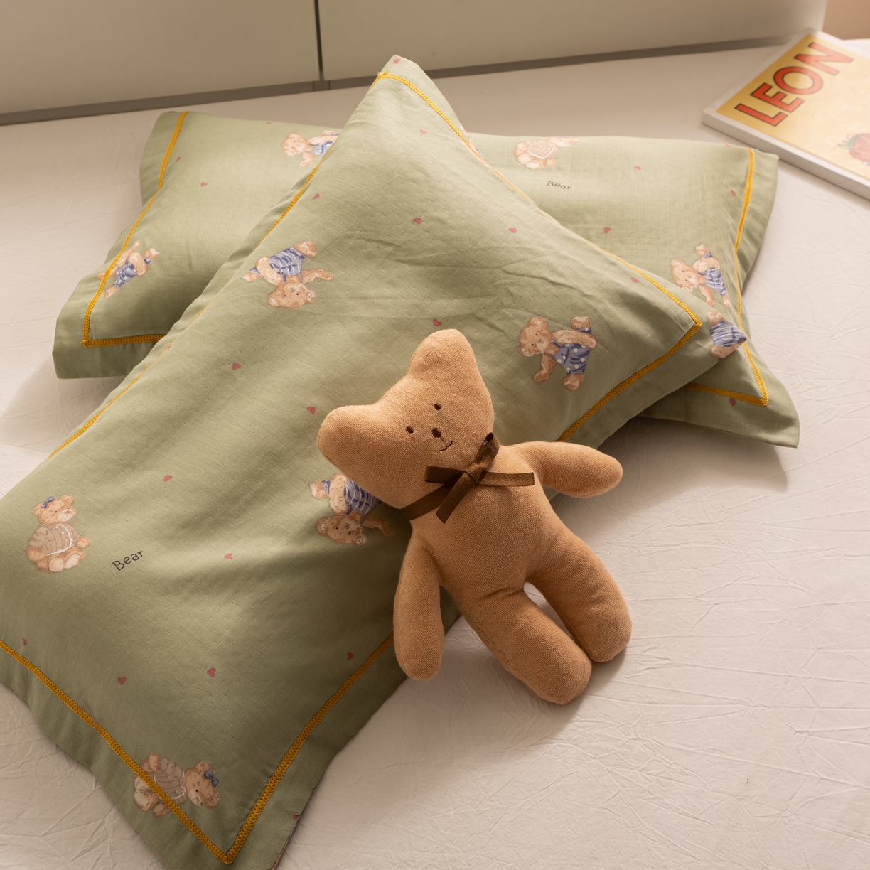 91家纺网 家纺一手货源 找家纺 萌番宝 2025新款A类全棉纯棉水洗双层纱卡通儿童单枕套信封枕单枕套 枕套单件 星星小熊