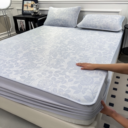 2025新款牛奶丝提花凉感凉席系列床笠款 情意浓蓝床笠款