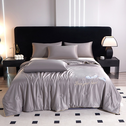 禧缘家纺 2025新款水洗真丝绣花夏被 浅初夏末-灰