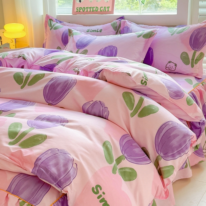 91家纺网 家纺一手货源 找家纺 爱一个家 2023新款芦荟棉双边时尚床裙四件套 郁金香