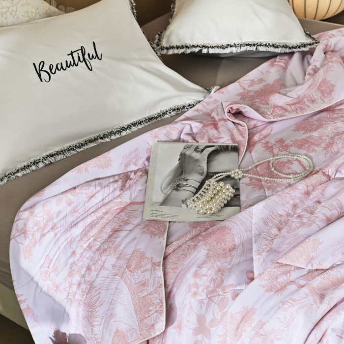 91家纺网 家纺一手货源 找家纺 佳居缘 2025新款A类冰氨双面数码印花凉感夏被 繁花-粉