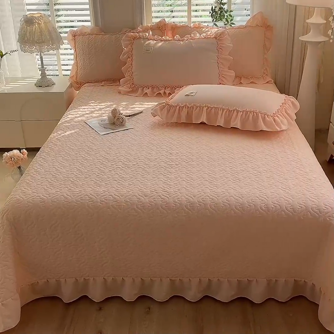 91家纺网 家纺一手货源 找家纺 花香四季家纺 2025新款泡芙小姐双层纱华夫格柔棉夹棉绗缝床盖床垫子单件三件套 泡芙小姐-玉