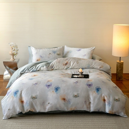 沐晴家纺 2025春夏新款纯色数码印花60兰精天丝四件套 夏芷-淡蓝