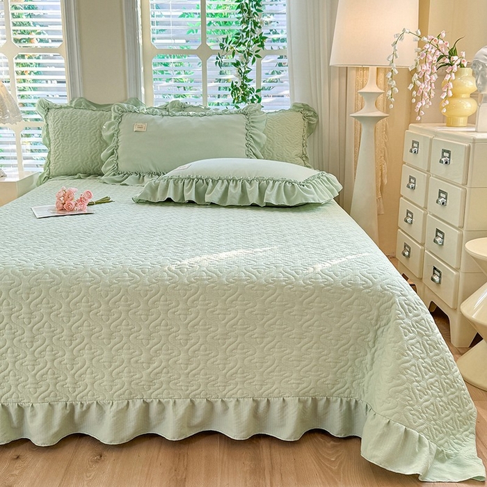 91家纺网 家纺一手货源 找家纺 花香四季家纺 2025新款泡芙小姐双层纱华夫格柔棉夹棉绗缝床盖床垫子单件三件套 泡芙小姐-绿