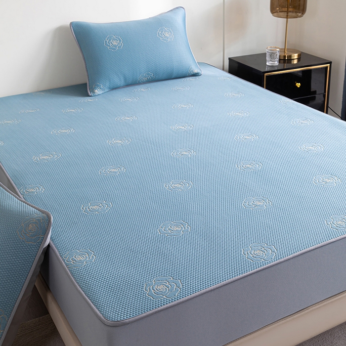 91家纺网 家纺一手货源 找家纺 2025新款山茶花系列冰豆豆凉席 山茶花床笠款-蓝