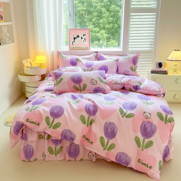 91家纺网 家纺一手货源 找家纺 爱一个家 2023新款芦荟棉双边时尚床裙四件套 郁金香