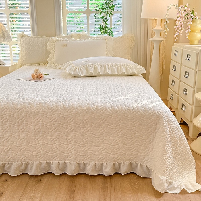 91家纺网 家纺一手货源 找家纺 花香四季家纺 2025新款泡芙小姐双层纱华夫格柔棉夹棉绗缝床盖床垫子单件三件套 泡芙小姐-奶油黄