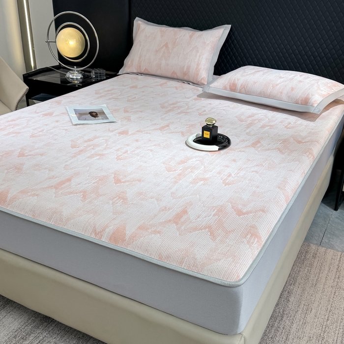 91家纺网 家纺一手货源 找家纺 小萌虎 小萌虎 2025新款PE高分子乙纶提花凉感凉席床席款床笠款 山溪-粉（床笠款）