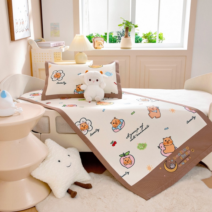 91家纺网 家纺一手货源 找家纺 宝贝优选 2025新款宝贝优选儿童7A抗菌高密绣花冰丝席 可爱巴拉