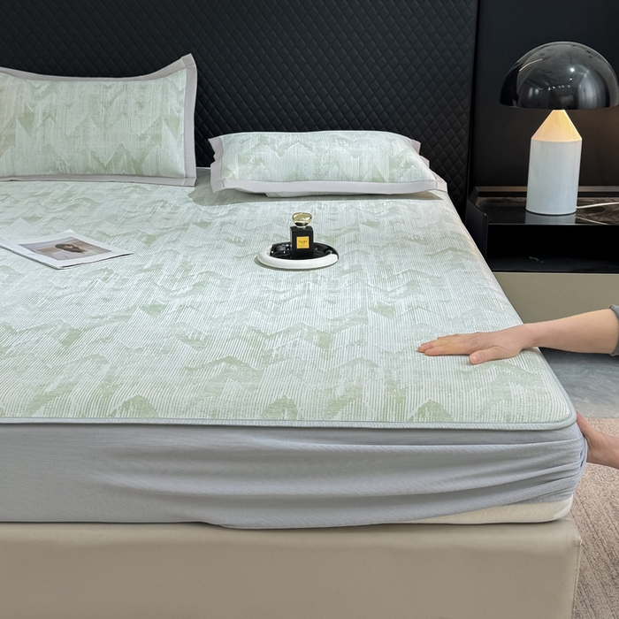 91家纺网 家纺一手货源 找家纺 小萌虎 小萌虎 2025新款PE高分子乙纶提花凉感凉席床席款床笠款 山溪-绿（床笠款）