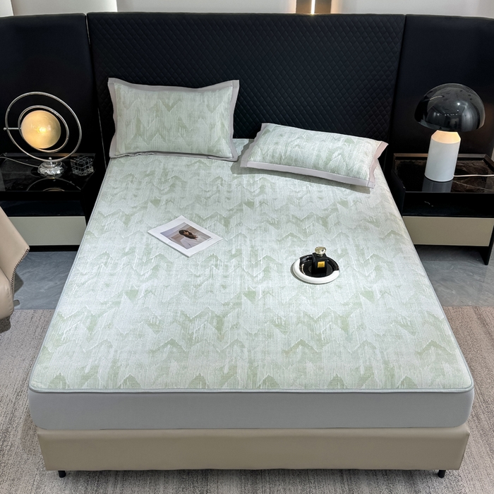 91家纺网 家纺一手货源 找家纺 999家纺 2025新款高端轻奢PE中分子凉感大提花凉席软席 山溪-绿（床笠款）