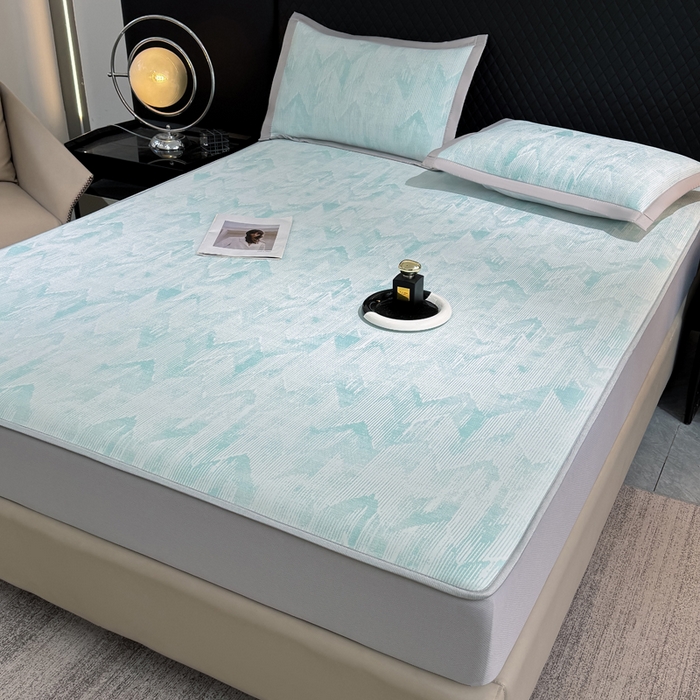 91家纺网 家纺一手货源 找家纺 999家纺 2025新款高端轻奢PE中分子凉感大提花凉席软席 山溪-蓝（床笠款）