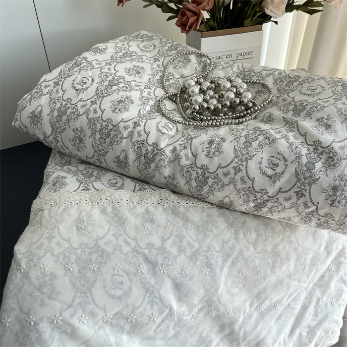 91家纺网 家纺一手货源 找家纺 奈萝家纺 奈萝2025新款全棉13372法式花边纯棉夏被春秋被 浅黛灰