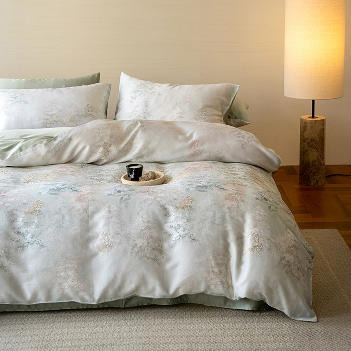 91家纺网 家纺一手货源 找家纺 沐晴家纺 2025春夏新款纯色数码印花60兰精天丝四件套 栖舟-绿