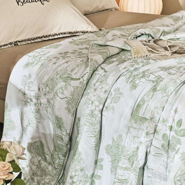 91家纺网 家纺一手货源 找家纺 佳居缘 2025新款A类冰氨双面数码印花凉感夏被 繁花-绿