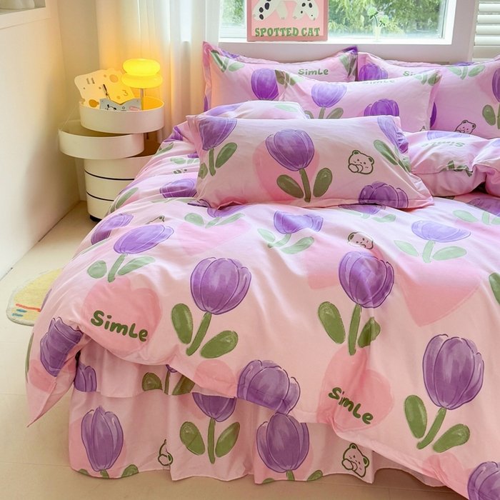 91家纺网 家纺一手货源 找家纺 爱一个家 2023新款芦荟棉双边时尚床裙四件套 郁金香