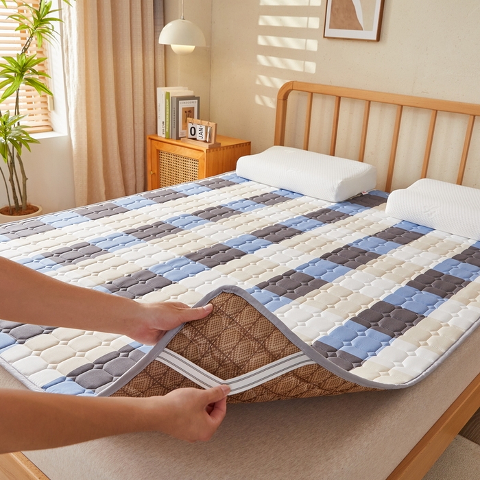 91家纺网 家纺一手货源 找家纺 迪乐妮 2025新款双面可用抑菌冰丝床褥爬爬垫-大床图 蓝大格