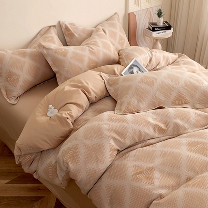 91家纺网 家纺一手货源 找家纺 昊川家纺 2025新款全棉双层纱水洗色织大提花四件套 极简咖