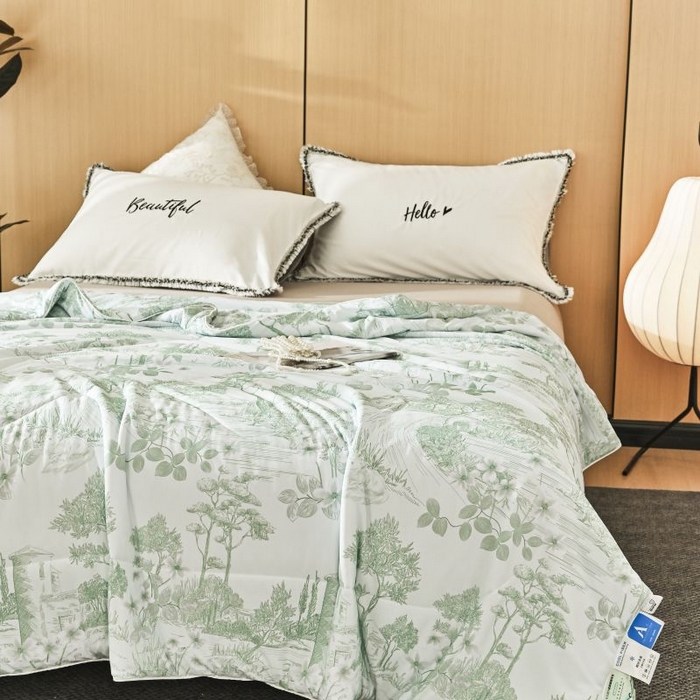 91家纺网 家纺一手货源 找家纺 佳居缘 2025新款A类冰氨双面数码印花凉感夏被 繁花-绿