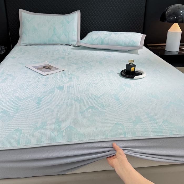 91家纺网 家纺一手货源 找家纺 小萌虎 小萌虎 2025新款PE高分子乙纶提花凉感凉席床席款床笠款 山溪-蓝（床笠款）