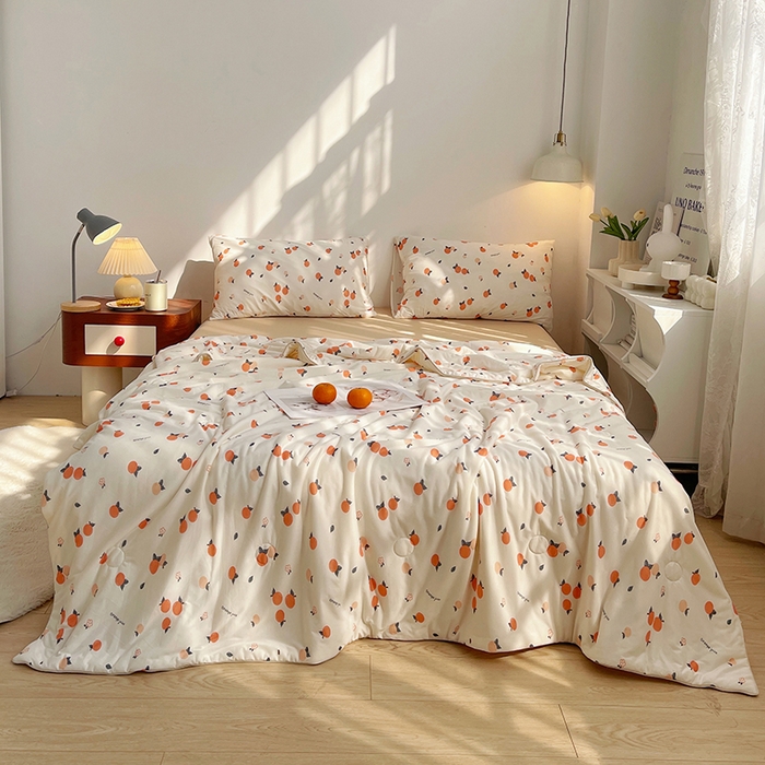 91家纺网 家纺一手货源 找家纺 简爱 2025新款A类针织棉大豆纤维夏被 橙心如意