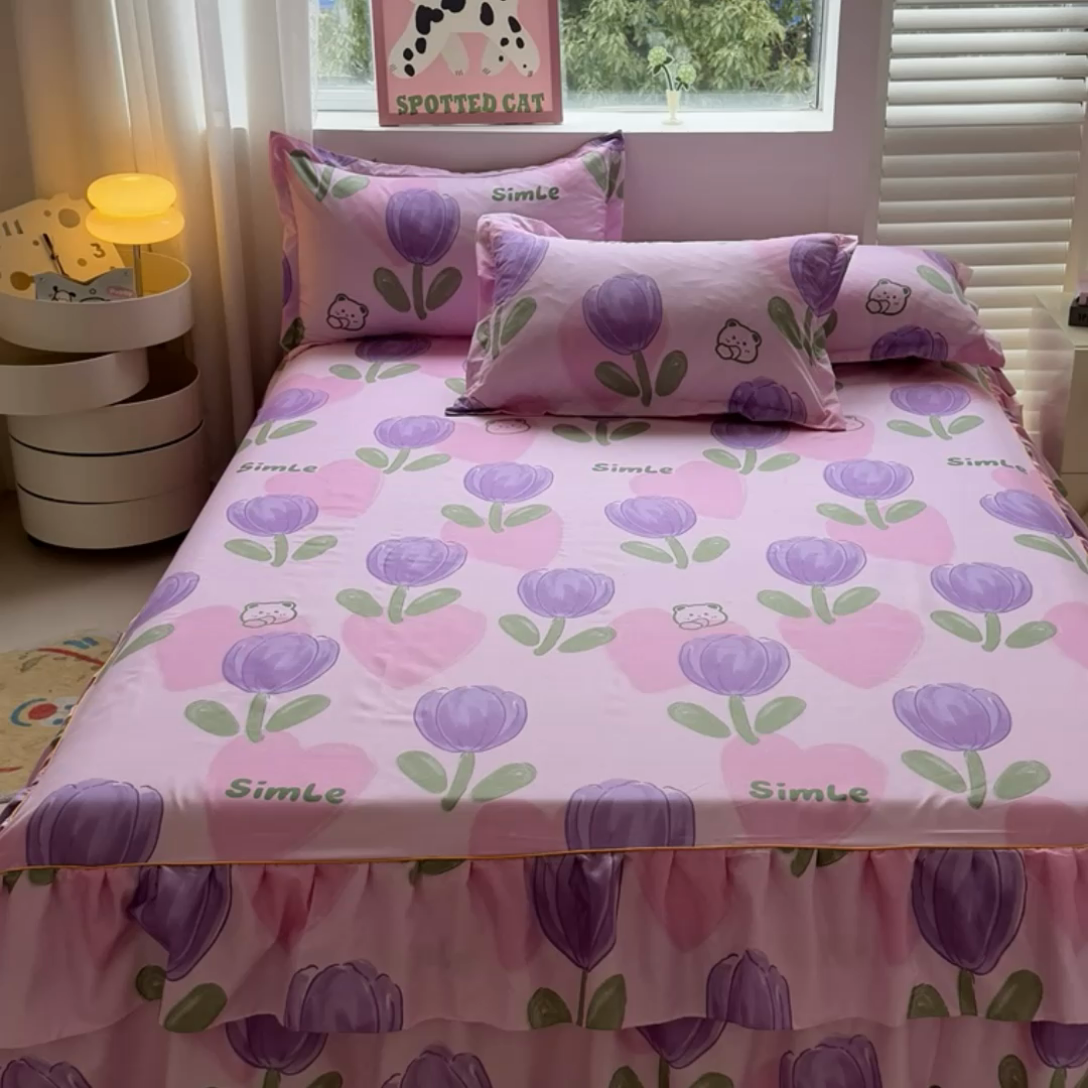 91家纺网 家纺一手货源 找家纺 爱一个家 2023新款芦荟棉双边时尚床裙四件套 郁金香