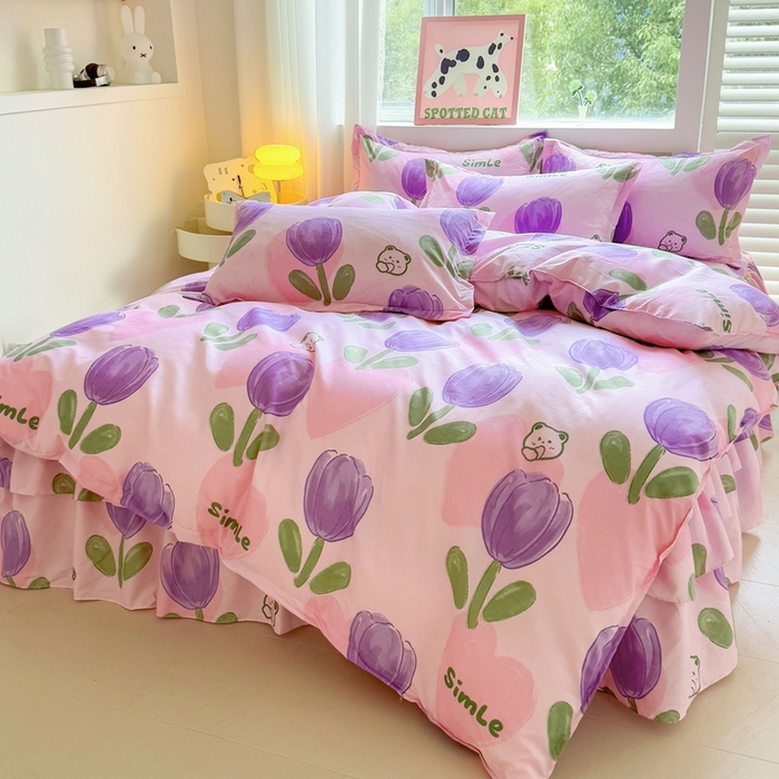 91家纺网 家纺一手货源 找家纺 爱一个家 2023新款芦荟棉双边时尚床裙四件套 郁金香