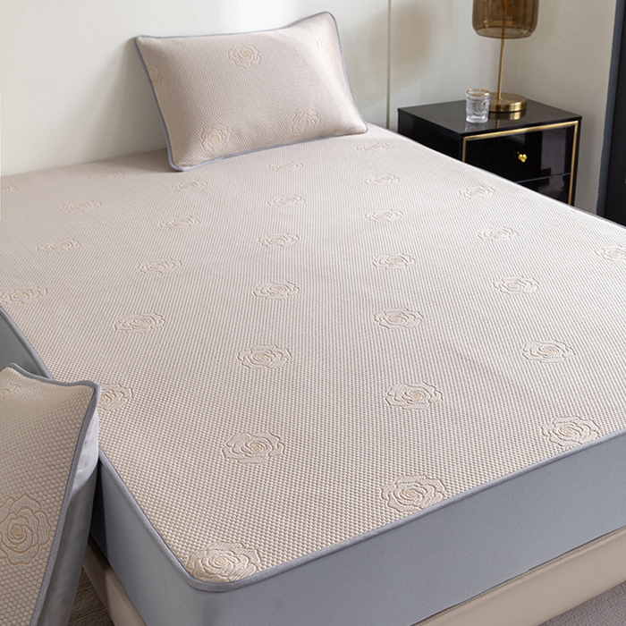 91家纺网 家纺一手货源 找家纺 2025新款山茶花系列冰豆豆凉席 山茶花床笠款-卡其