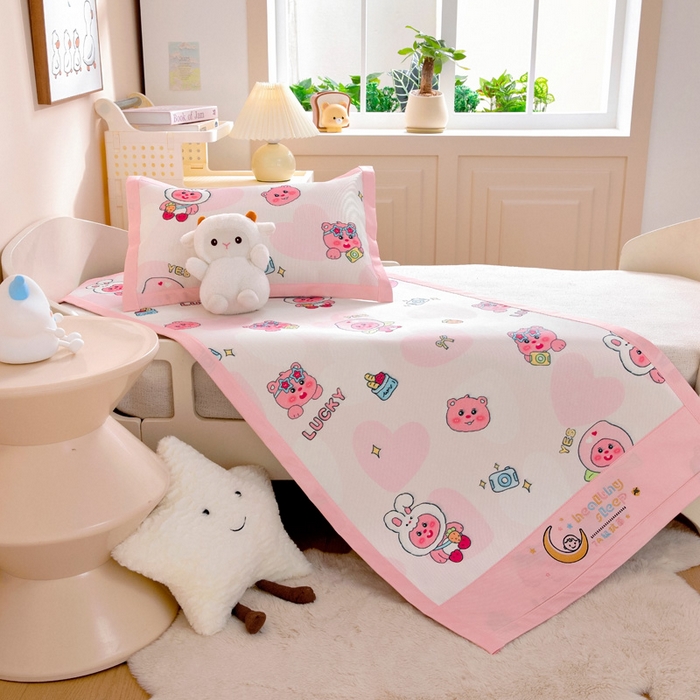 91家纺网 家纺一手货源 找家纺 宝贝优选 2025新款宝贝优选儿童7A抗菌高密绣花冰丝席 粉粉小熊