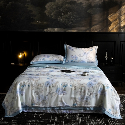 佳居缘 2025新款天丝数码印花夏被四件套 悠蓝挽夏