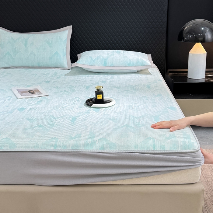 91家纺网 家纺一手货源 找家纺 小萌虎 小萌虎 2025新款PE高分子乙纶提花凉感凉席床席款床笠款 山溪-蓝（床笠款）